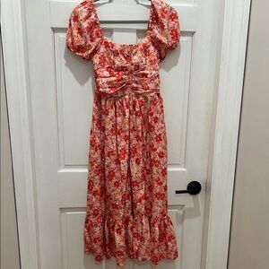Floral Coral and White Puff Sleeve Dress